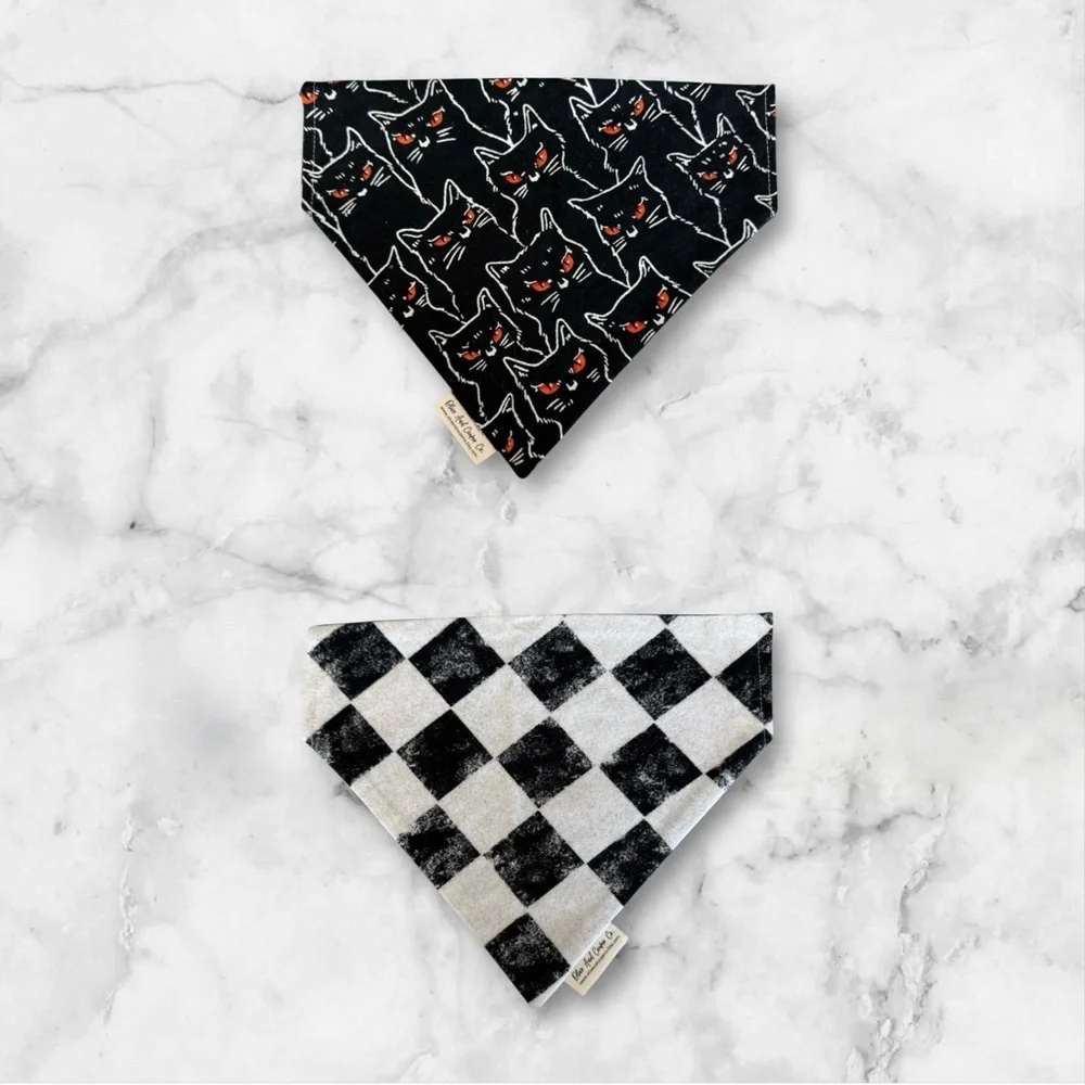 DOG Bandana - Black Cats & Checkered (Reversible) - Halloween - Size L Large